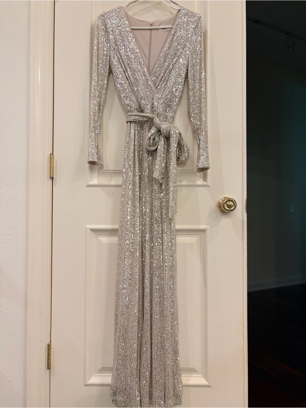 Eliza J Silver Sequin Wrap pant suit with Belt - Elegant Evening pant suit